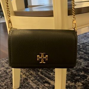 Tory Burch Black and Gold Crossbody Bag with Gold Chain Strap